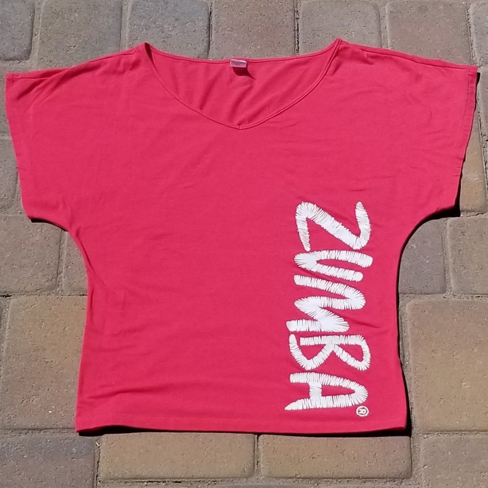 Zumba Wear Red V-neck Tee with White ZUMBA lettering Size M/L